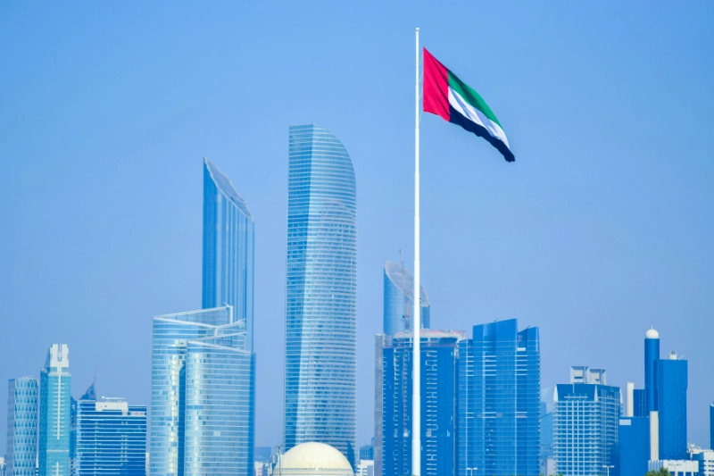Abu Dhabi skyline with UAE flag