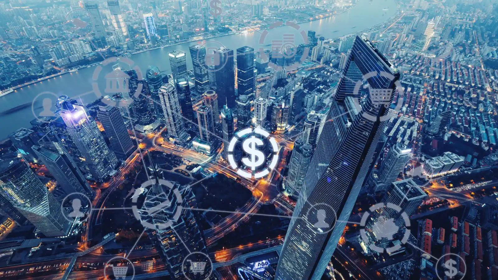 Aerial city skyline with fintech icon overlay for corporate GILTI tax planning